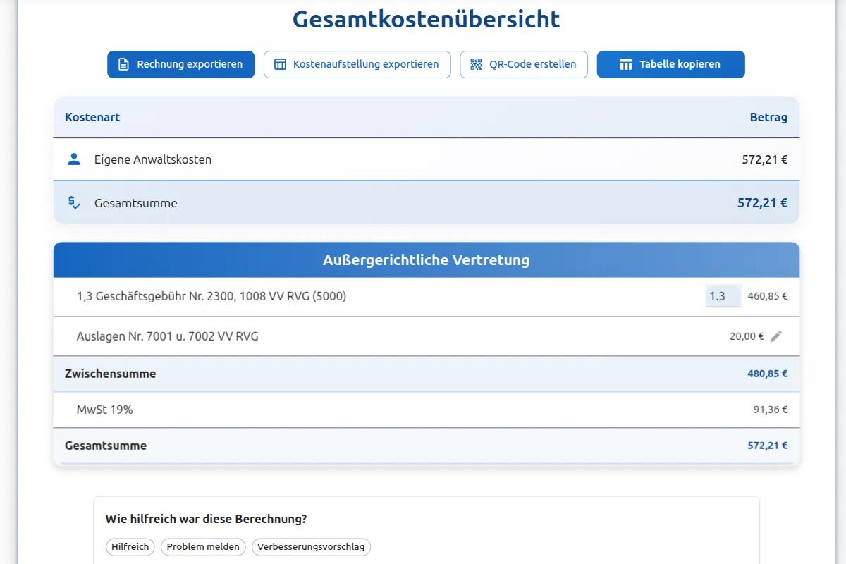 RVG Rechner außergerichtliche Kosten bei 5000 Euro Streitwert: Geschäftsgebühr 334,30 Euro nach VV 2300 RVG mit Auslagenpauschale