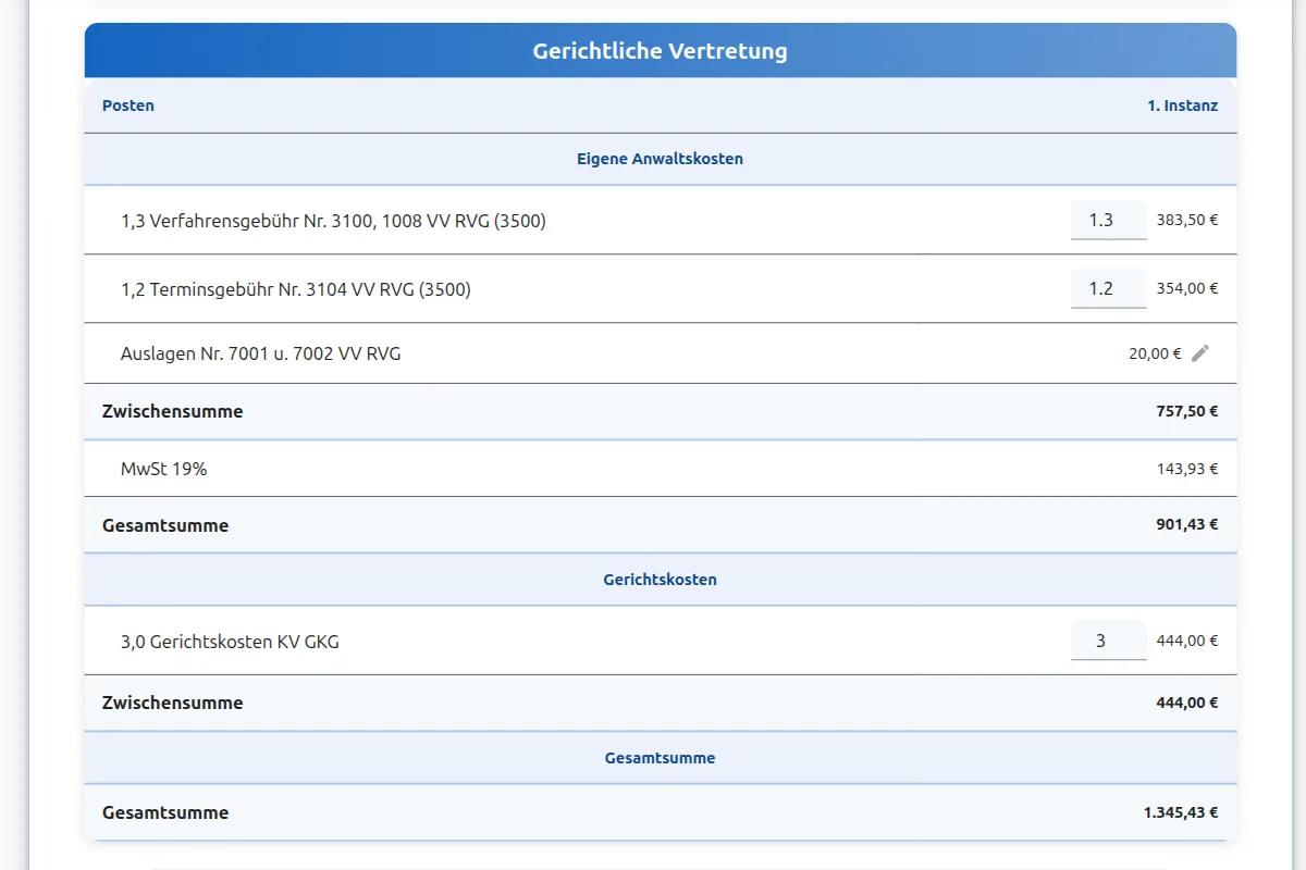 RVG Rechner Klage Amtsgericht mit Gerichtskosten: Vollständige Prozesskostenberechnung mit Verfahrensgebühr und Gerichtsgebühren nach GKG