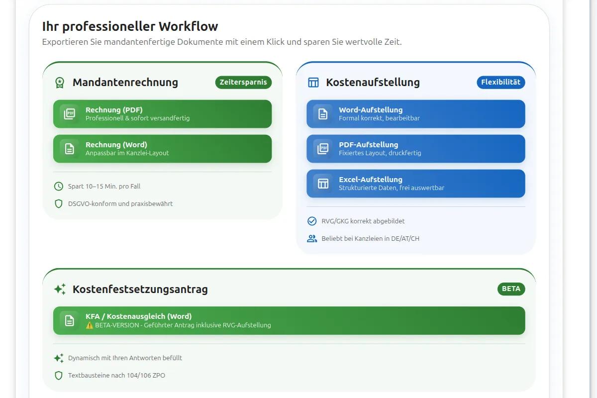 RVG Kostennote und KFA Export Premium: Kostenfestsetzungsantrag und Gebührennote als Word oder PDF exportieren