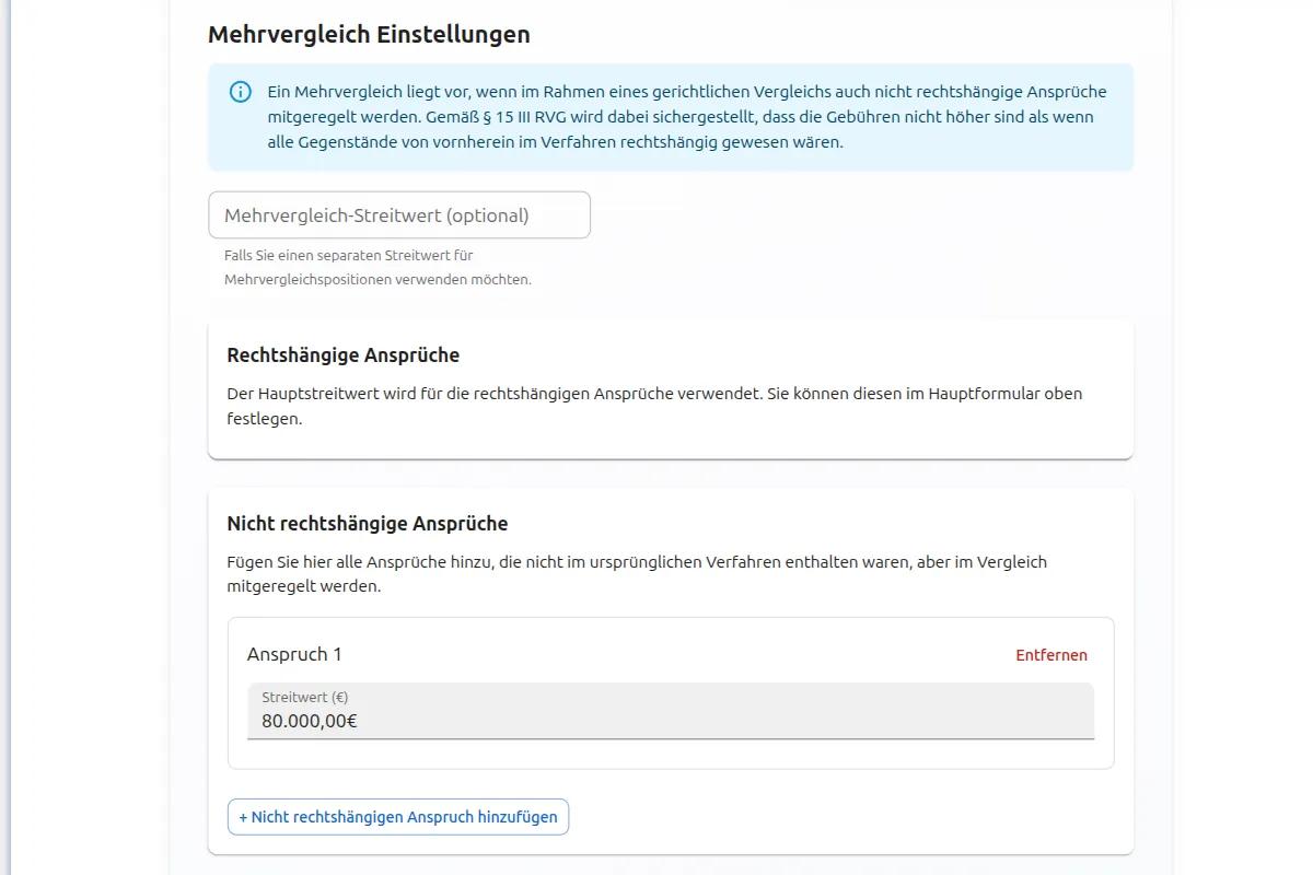 RVG Rechner Premium Mehrvergleich: Automatische Deckelung nach § 15 Absatz 3 RVG bei mehreren Vergleichen mit Gebührenberechnung