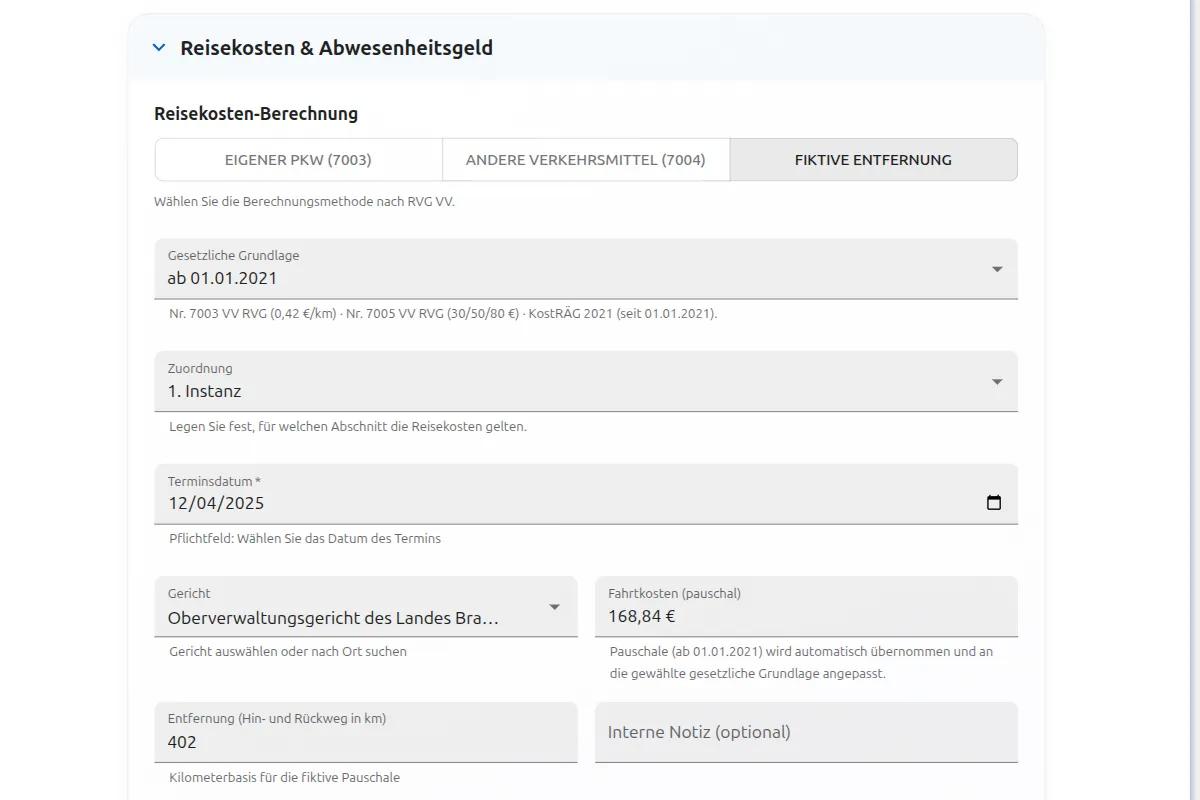 RVG Reisekosten berechnen Premium: Kilometerpauschale Übernachtungspauschale und Abwesenheitsgeld automatisch nach § 4 bis 7 RVG