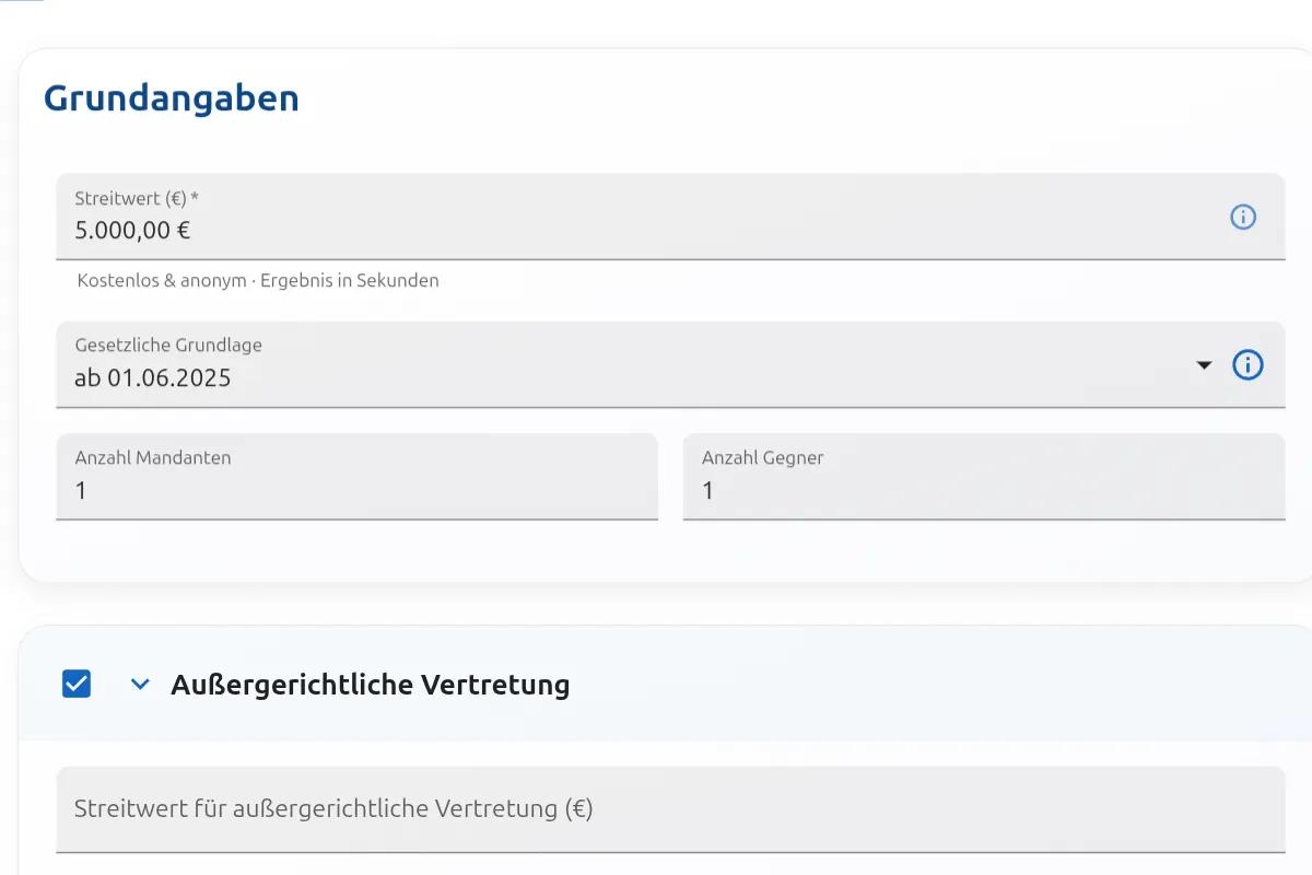RVG Rechner Streitwert Eingabe 2025: Eingabefeld für 5000 Euro Streitwert mit Auswahl Rechtsstand und Mandanten-Anzahl