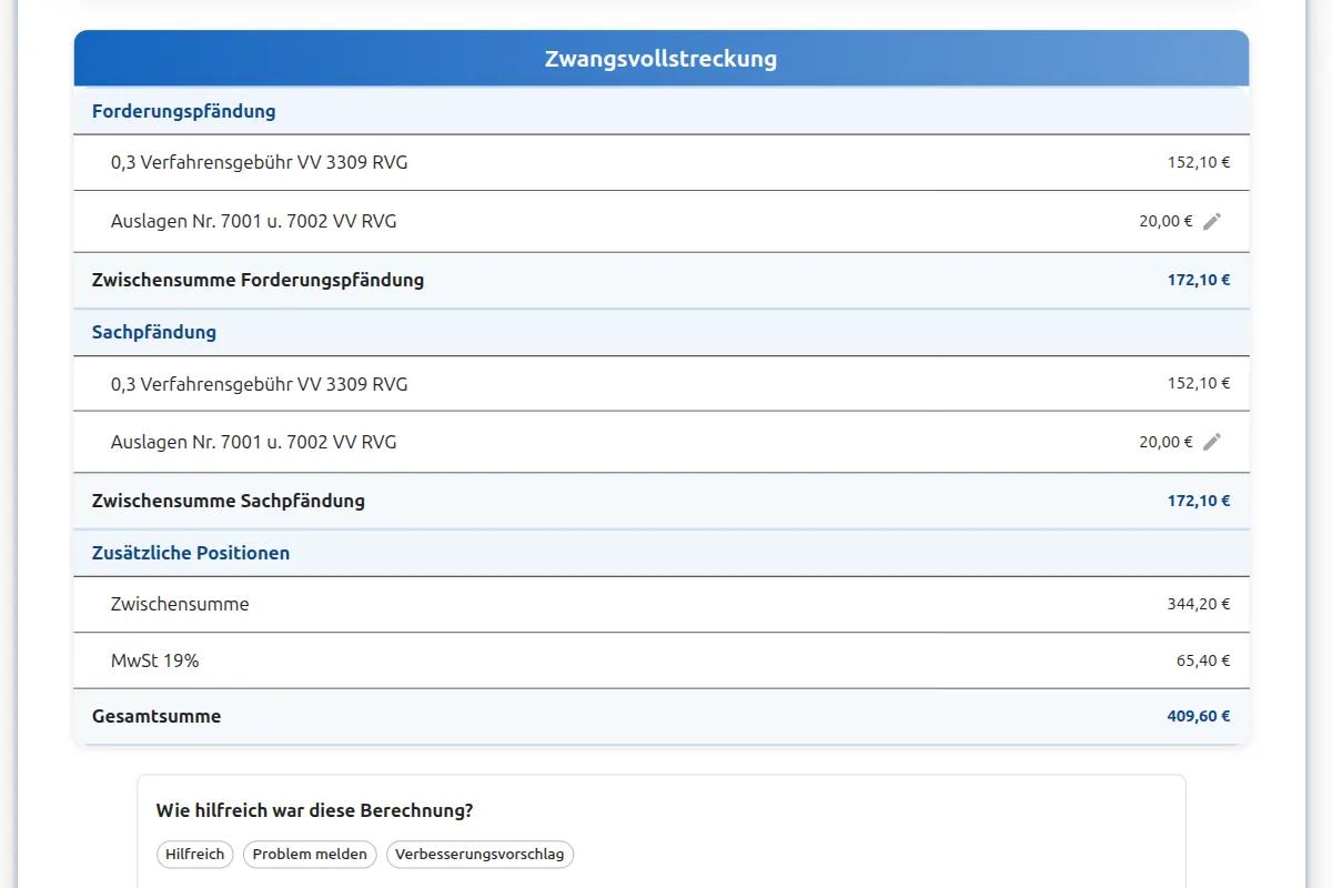 RVG Zwangsvollstreckung Kosten 8500 Euro: Vollstreckungsgebühr nach VV 3309 RVG für Forderungs- und Sachpfändung